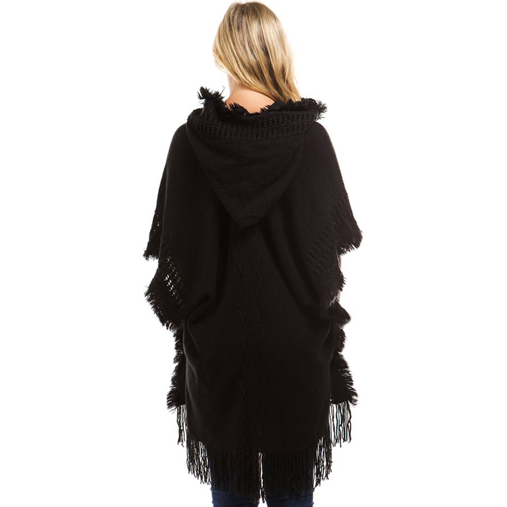 SZ60179-3 Ladies Women Knitting Crochet Black Hooded Short Sleeve Sweaters Shawl